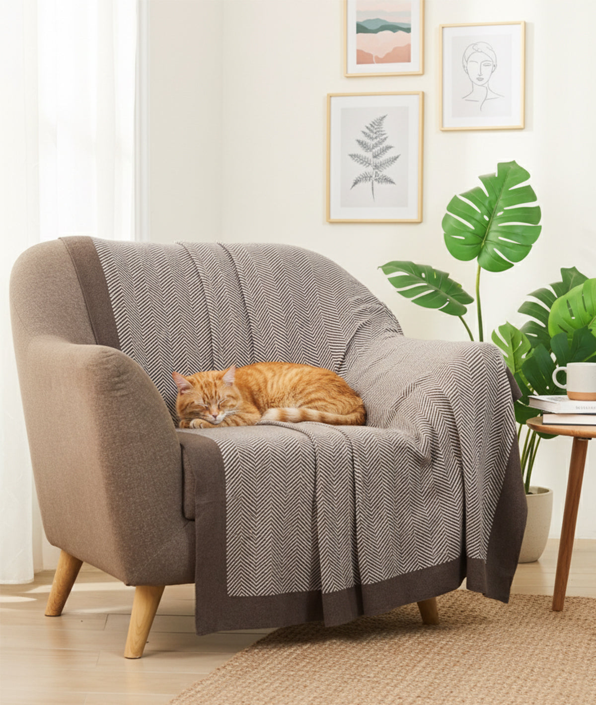 Herring Bone Dark Brown Melange & Natural Cotton Knitted Throw /Blanket For Round The Year Use (125x150cm)