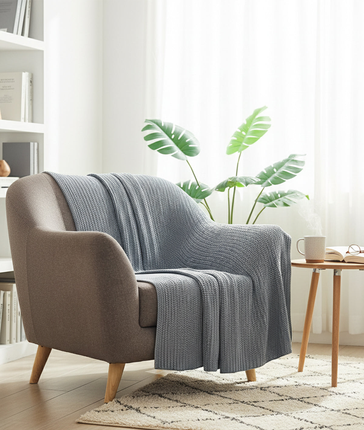 Henry Blue Grey Cotton Knitted Throw /Blanket  For Round The Year Use (125x150cm)