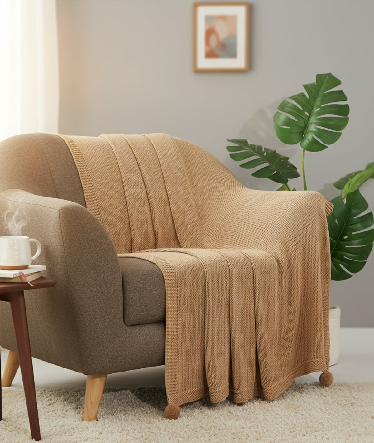 Jersey Chunky Cuban Sand Cotton Knitted Throw /Blanket  For Round The Year Use (125x150cm)