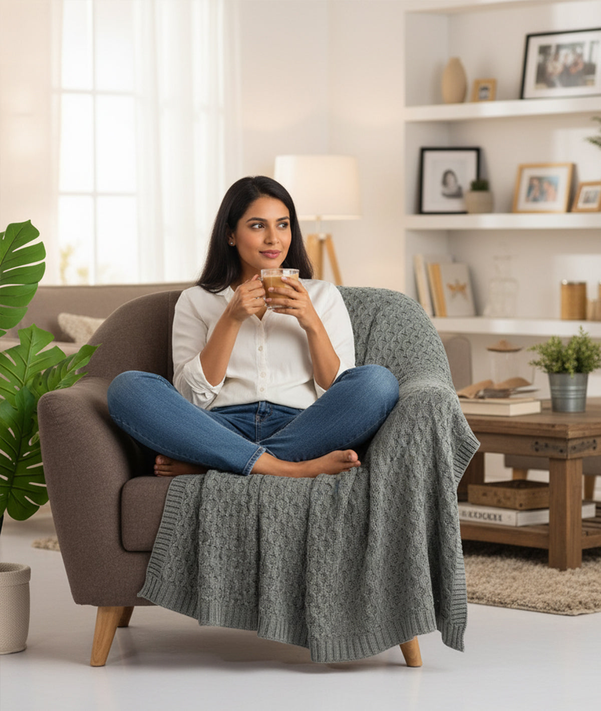 Kelly Knit Cotton Knitted All Season AC Throw Blanket (Medium Grey)