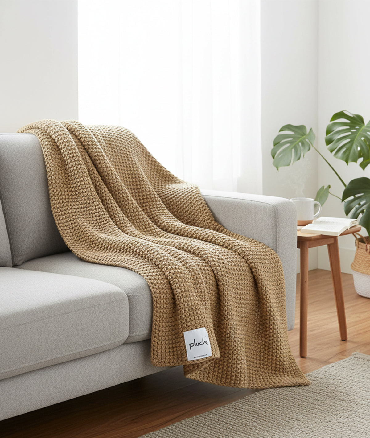 Knitted Purl Cuban Sand Color Cotton Knitted Throw /Blanket  For Round The Year Use