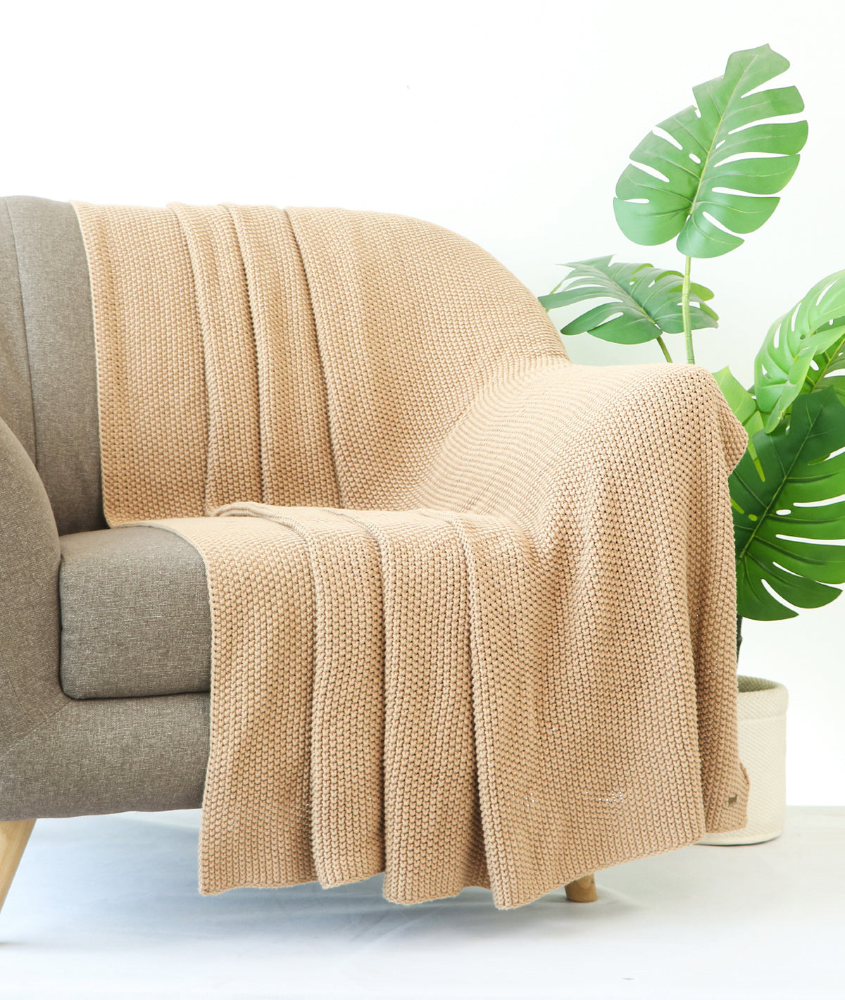Knitted Purl Cuban Sand Color Cotton Knitted Throw /Blanket  For Round The Year Use