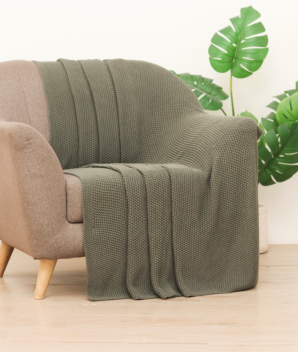 Moss Knit Beetle Green Color 100% Cotton Knitted All Season AC Throw B ...