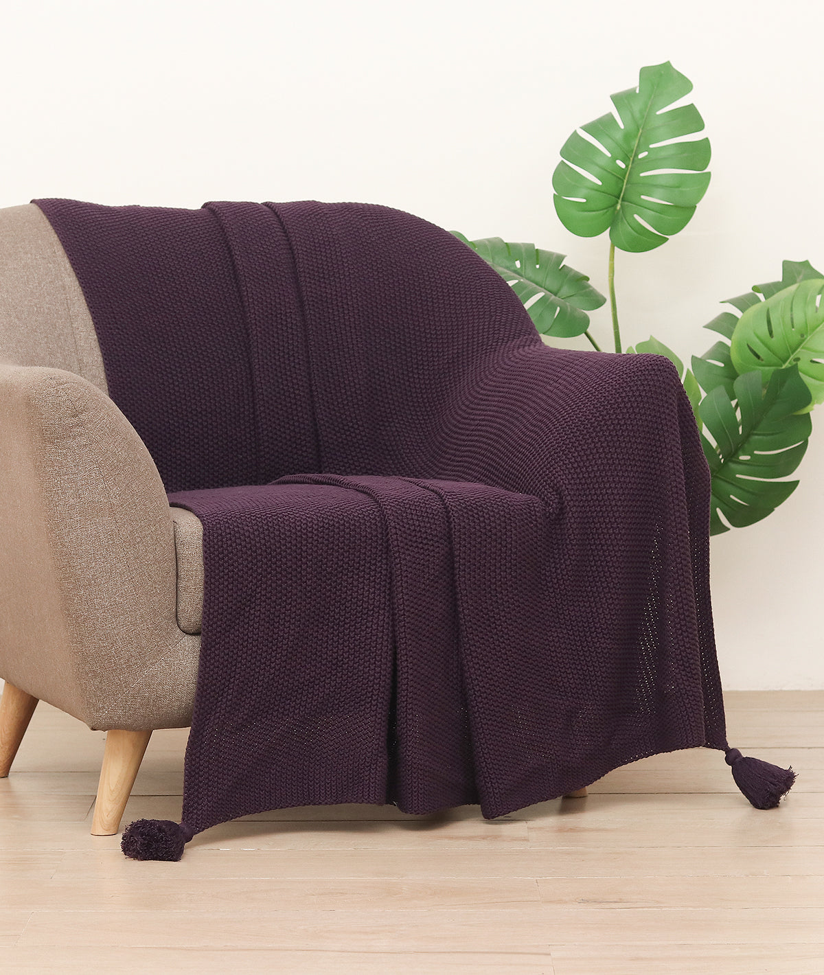 Moss Knit Aubergine Color 100% Cotton Knitted All Season AC Throw Blan ...