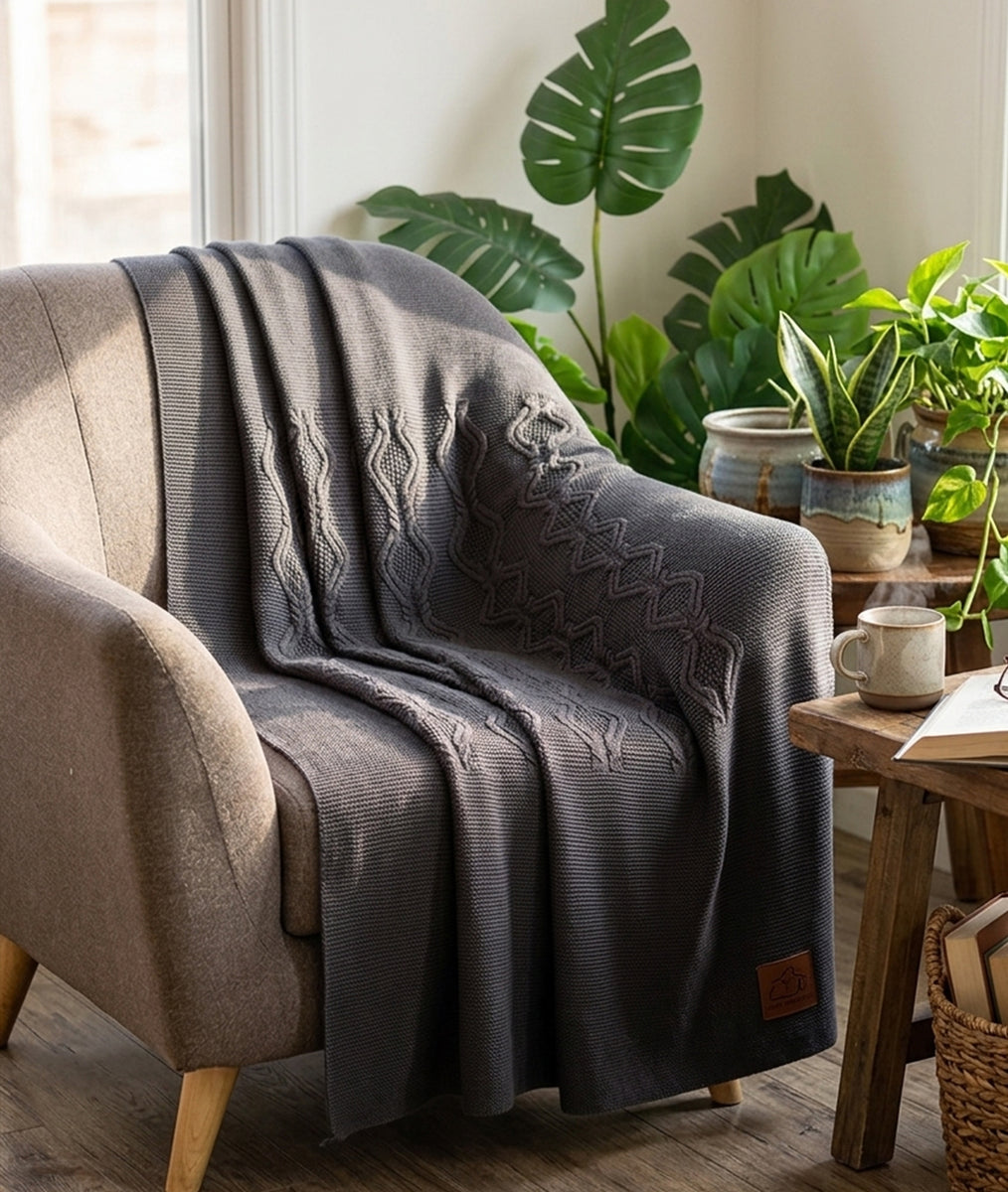 Nile Grey Color 100% Cotton Knitted All Season AC Throw Blanket (125cm ...