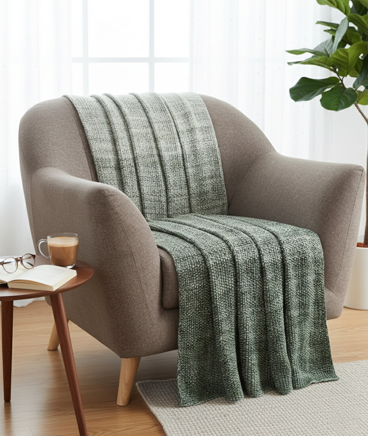 Ombre Moss Knit Mint, Mount Green & Natural Cotton Knitted Throw /Blanket  For Round The Year Use (125x150cm)