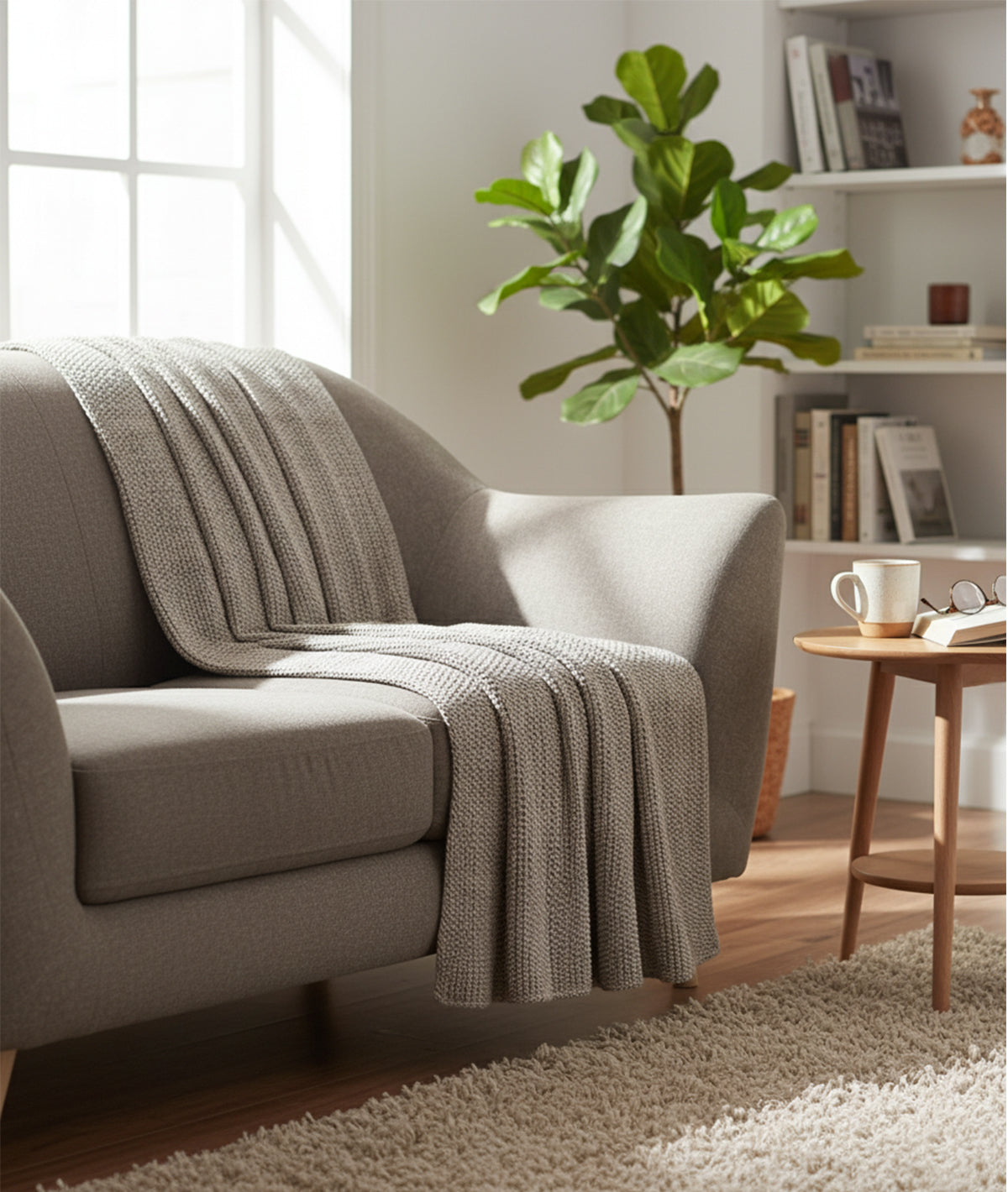 Ombre Moss Knit Ivory, Vanilla Grey Melange & Light Grey Cotton Knitted Throw /Blanket  For Round The Year Use (125x150cm)