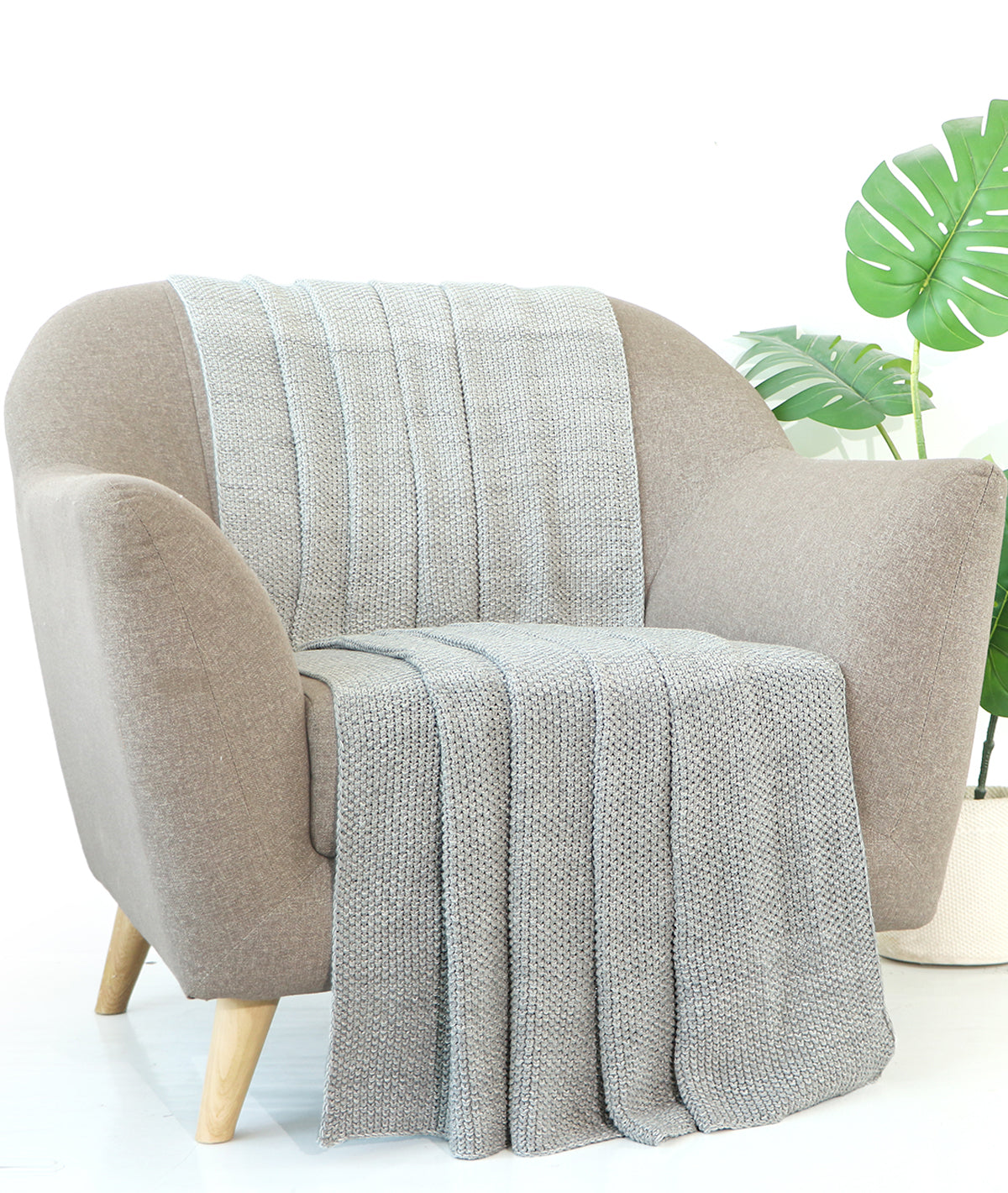 Ombre Moss Knit Ivory, Vanilla Grey Melange & Light Grey Cotton Knitted Throw /Blanket  For Round The Year Use (125x150cm)