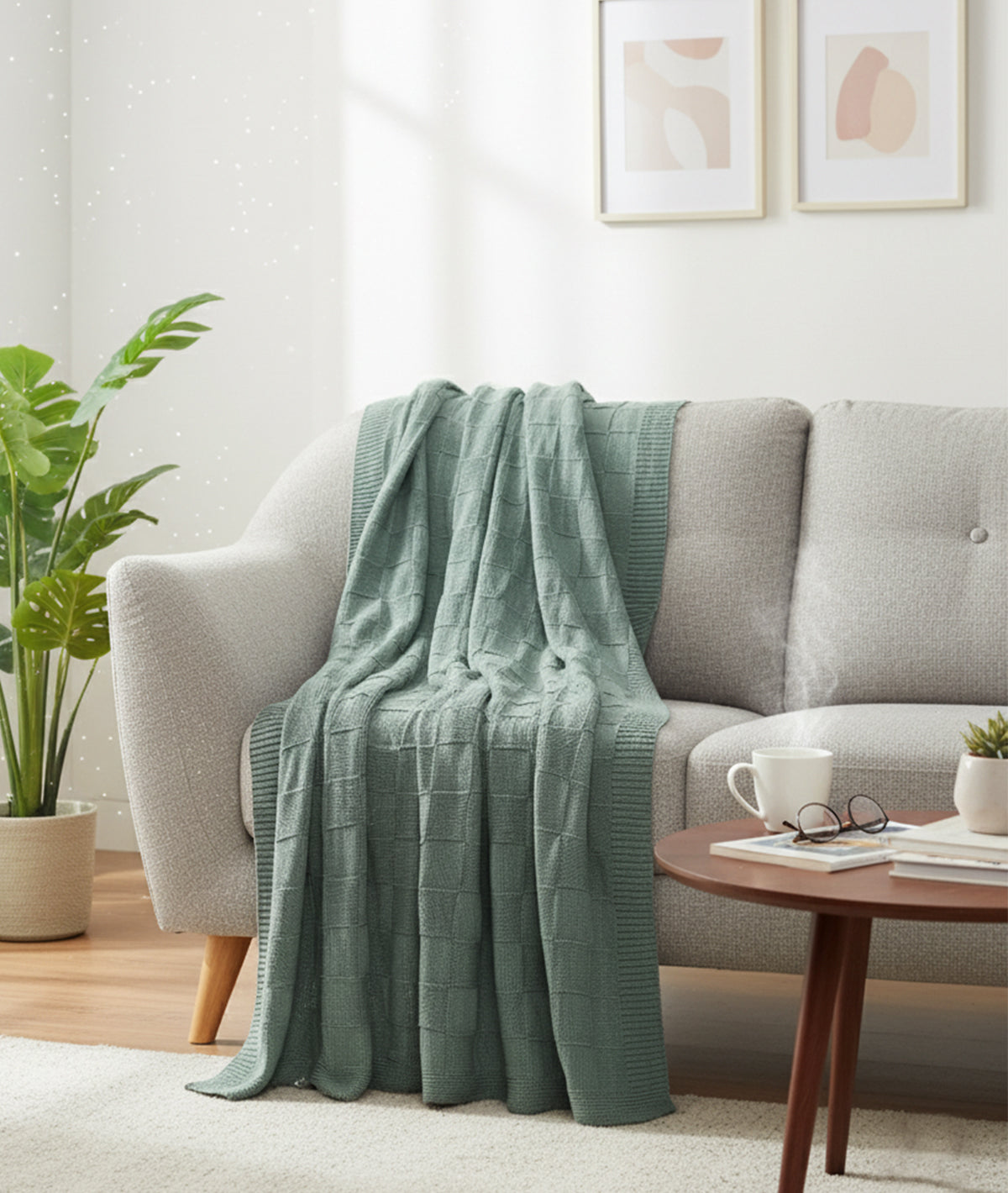 Square Check Cotton Knitted All Season Ac Throw Blanket (Blue Daisy)