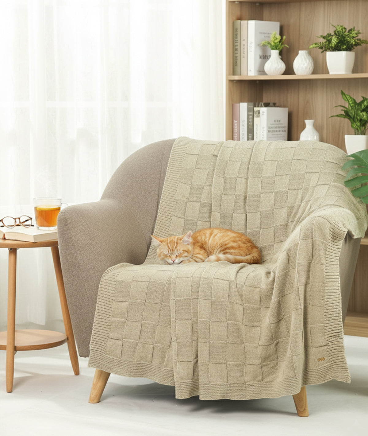 Square Check Cotton Knitted All Season Ac Throw Blanket (Beige)