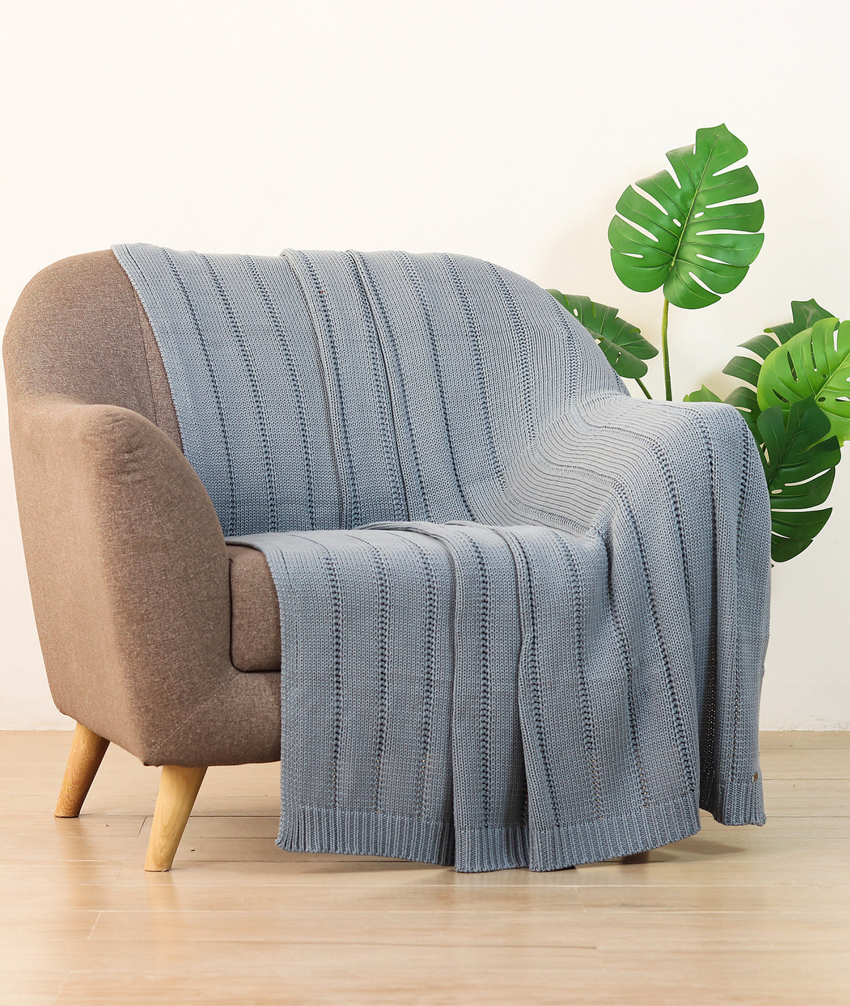 Sailor's Snuggle Blue Grey Cotton Knitted Throw /Blanket For Round The Year Use (125x150cm)