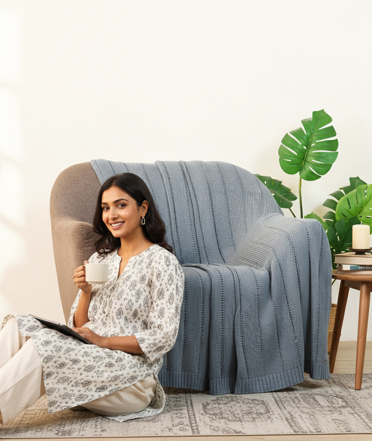 Sailor's Snuggle Blue Grey Cotton Knitted Throw /Blanket For Round The Year Use (125x150cm)