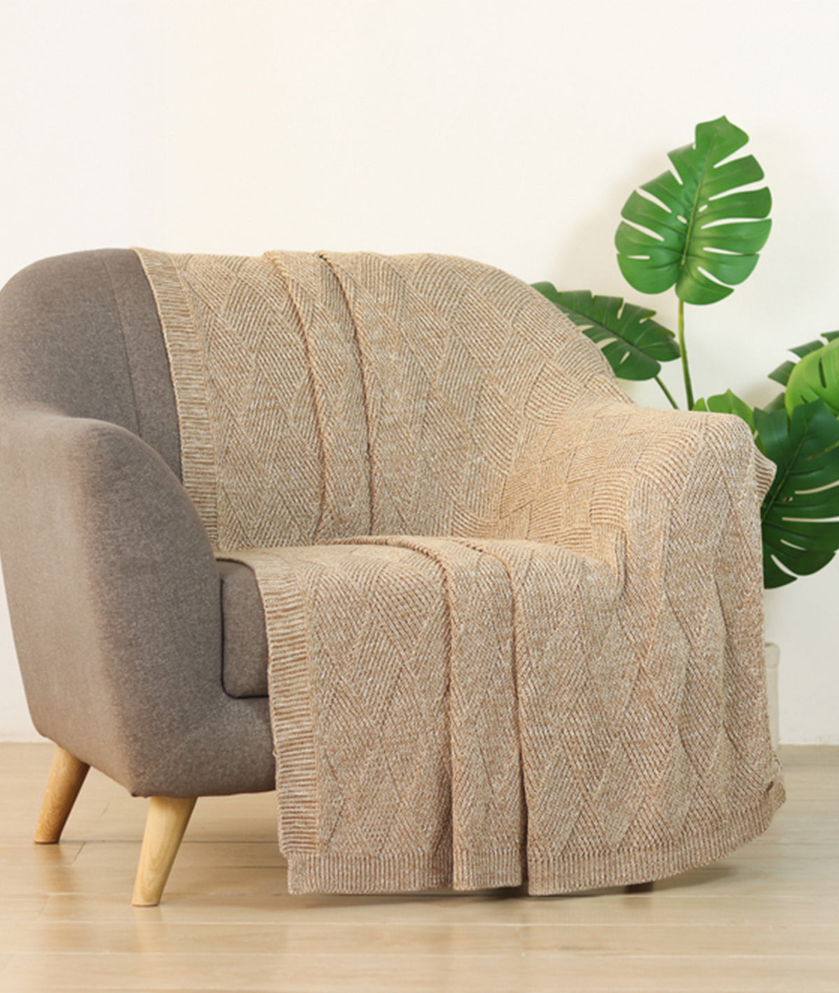 Tagus Khaki Cotton Knitted Throw /Blanket  For Round The Year Use (125x150cm)