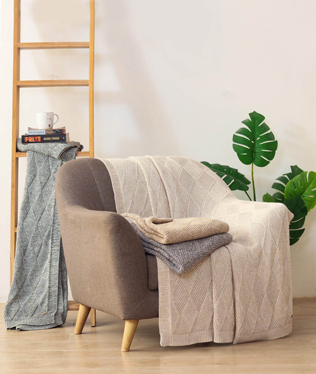 Tagus Khaki Cotton Knitted Throw /Blanket  For Round The Year Use (125x150cm)