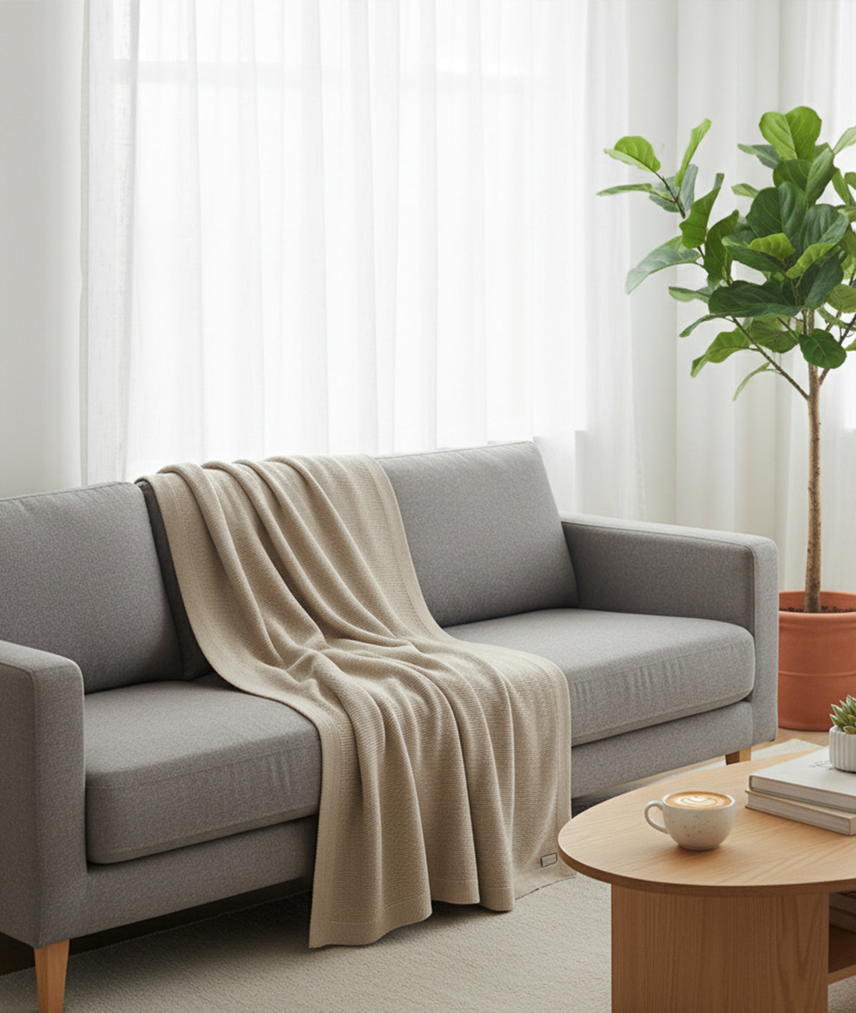 Transfer Knit Cotton Knitted All Season AC Throw Blanket (Pale Whisper)