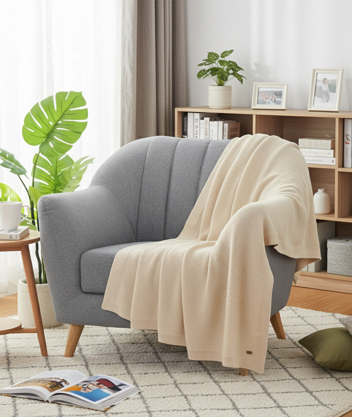 Transfer Knit Cotton Knitted All Season AC Throw Blanket (Natural ...