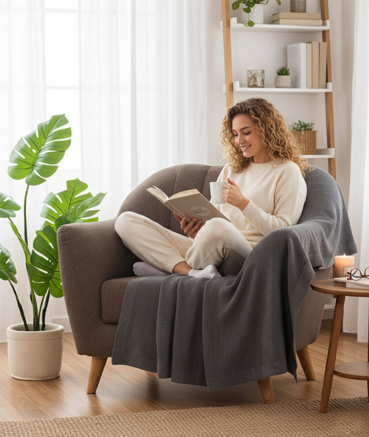 Transfer Knit Cotton Knitted All Season AC Throw Blanket (Medium Grey Melange)