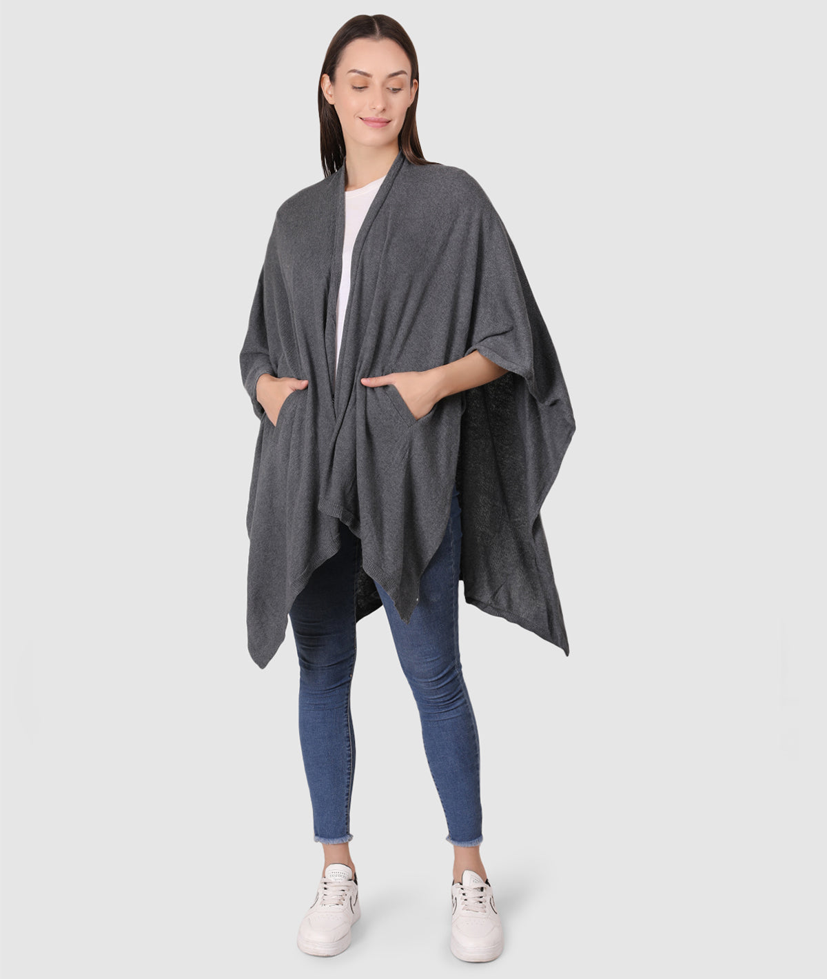 Classic Travel cape Wrap Organic Cotton Knitted Light Weight Wrap in Pouch (Dark Grey Melange )