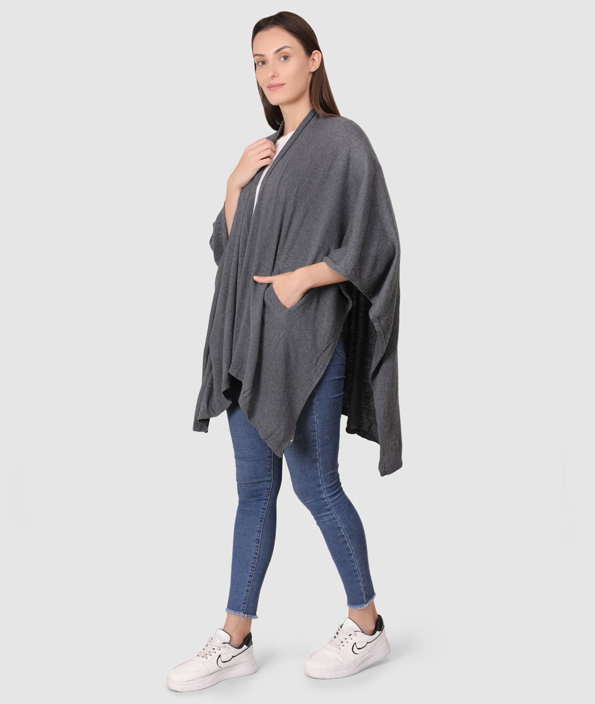 Classic Travel cape Wrap Organic Cotton Knitted Light Weight Wrap in Pouch (Dark Grey Melange )