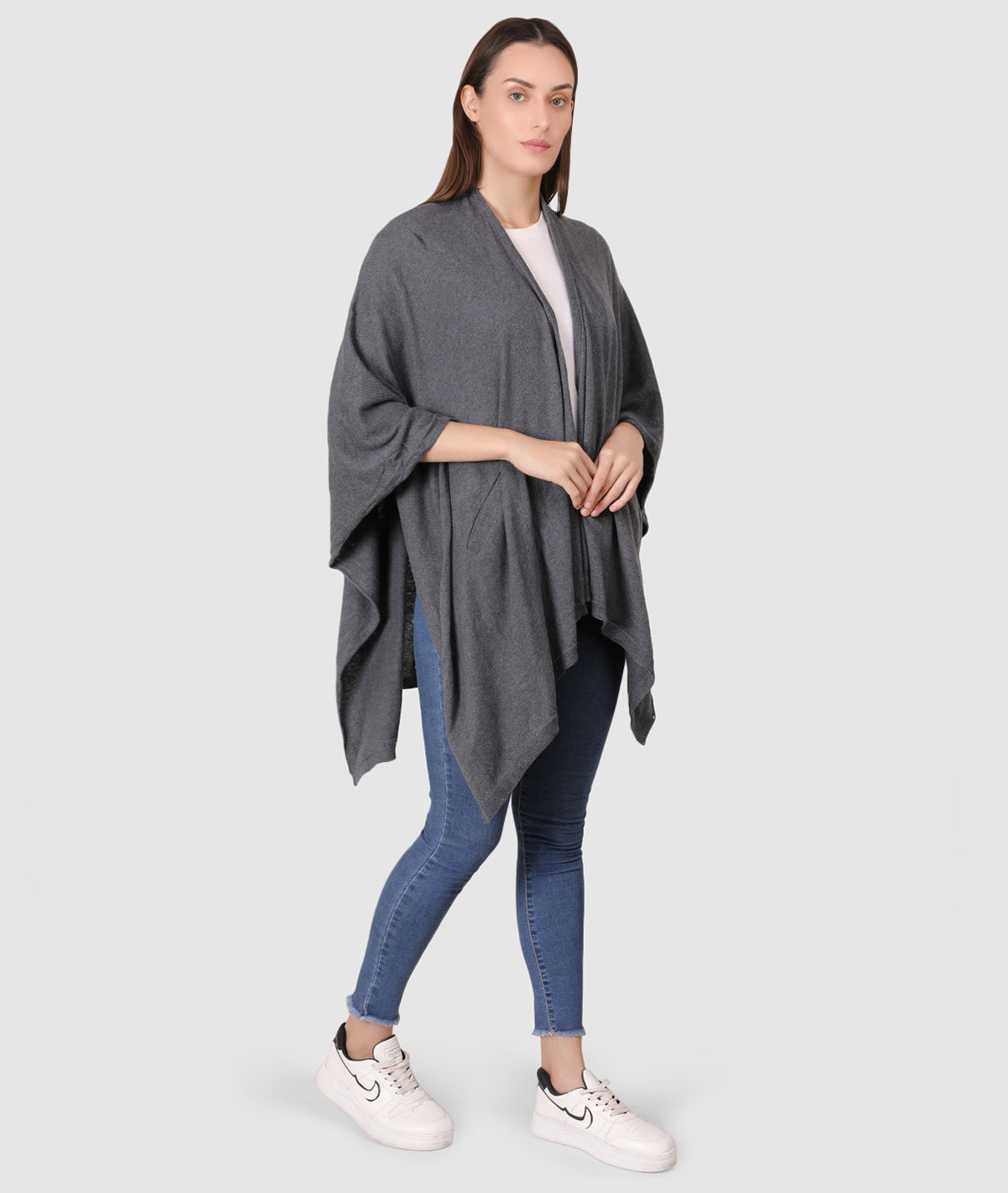 Classic Travel cape Wrap Organic Cotton Knitted Light Weight Wrap in Pouch (Dark Grey Melange )