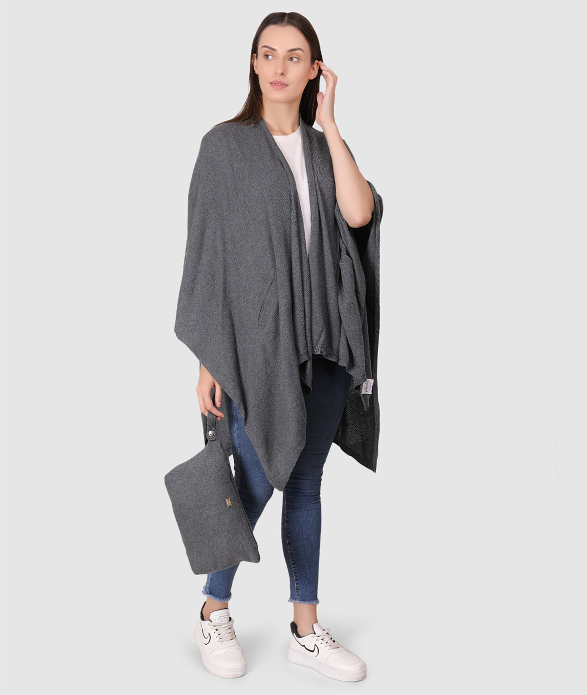 Classic Travel cape Wrap Organic Cotton Knitted Light Weight Wrap in Pouch (Dark Grey Melange )