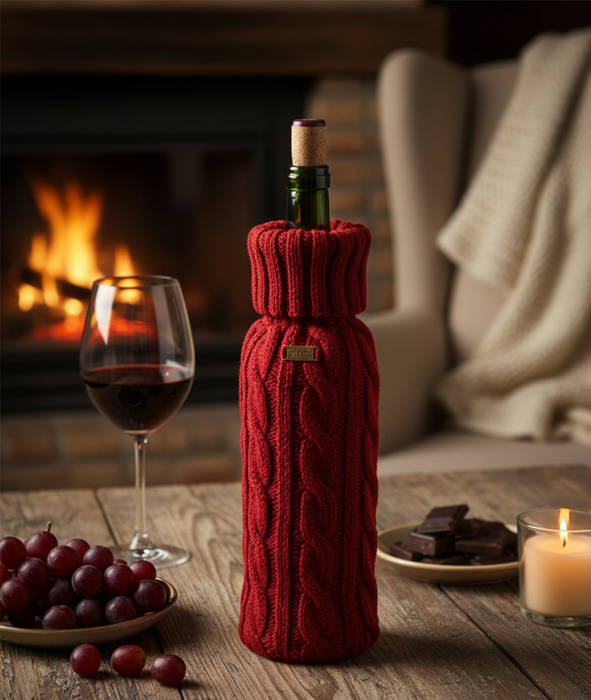 Cable Criss Cotton Knitted Wine Bottle Cover (Dark Red)