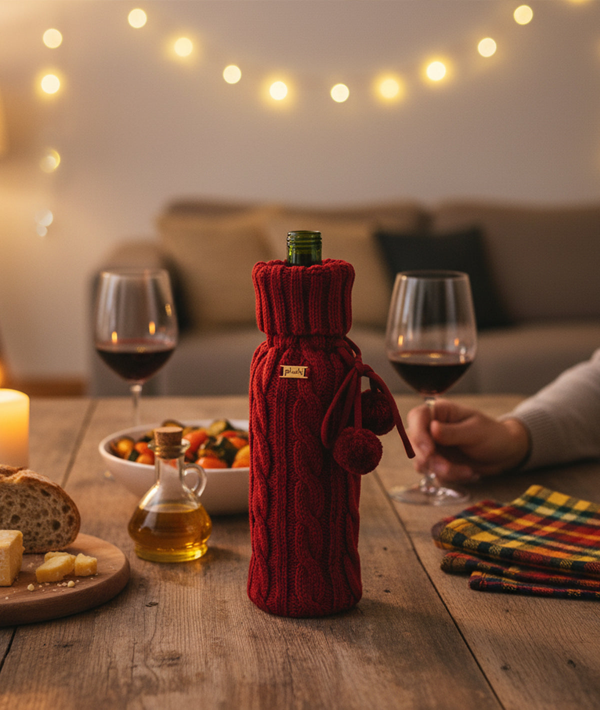 Cable Criss Cotton Knitted Wine Bottle Cover (Dark Red)