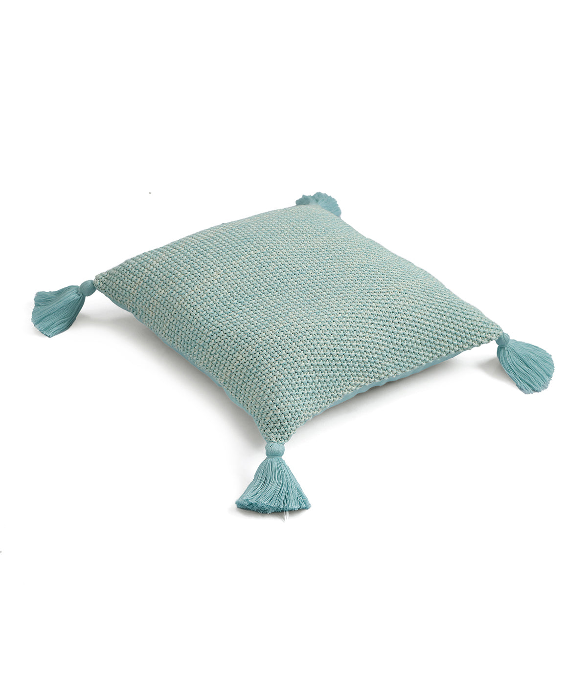 Moss knit Cotton Knitted Decorative Cushion Cover (Sky blue & Natural) (16" x 16")