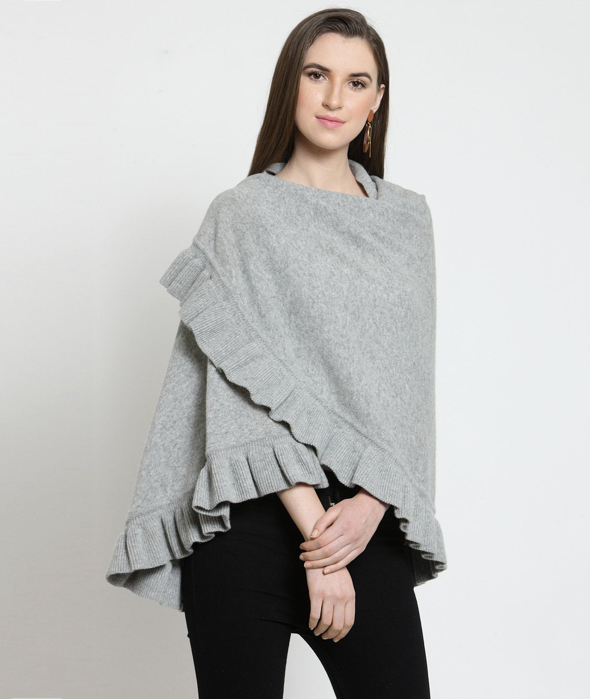 Daisy - Light Grey Lambswool & Nylon Knitted Fashion Poncho / Top / Cape