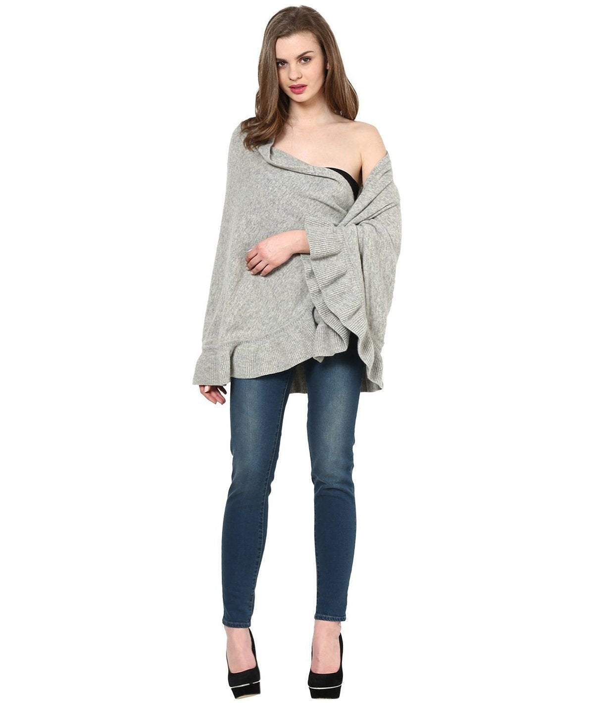 Daisy - Light Grey Lambswool & Nylon Knitted Fashion Poncho / Top / Cape