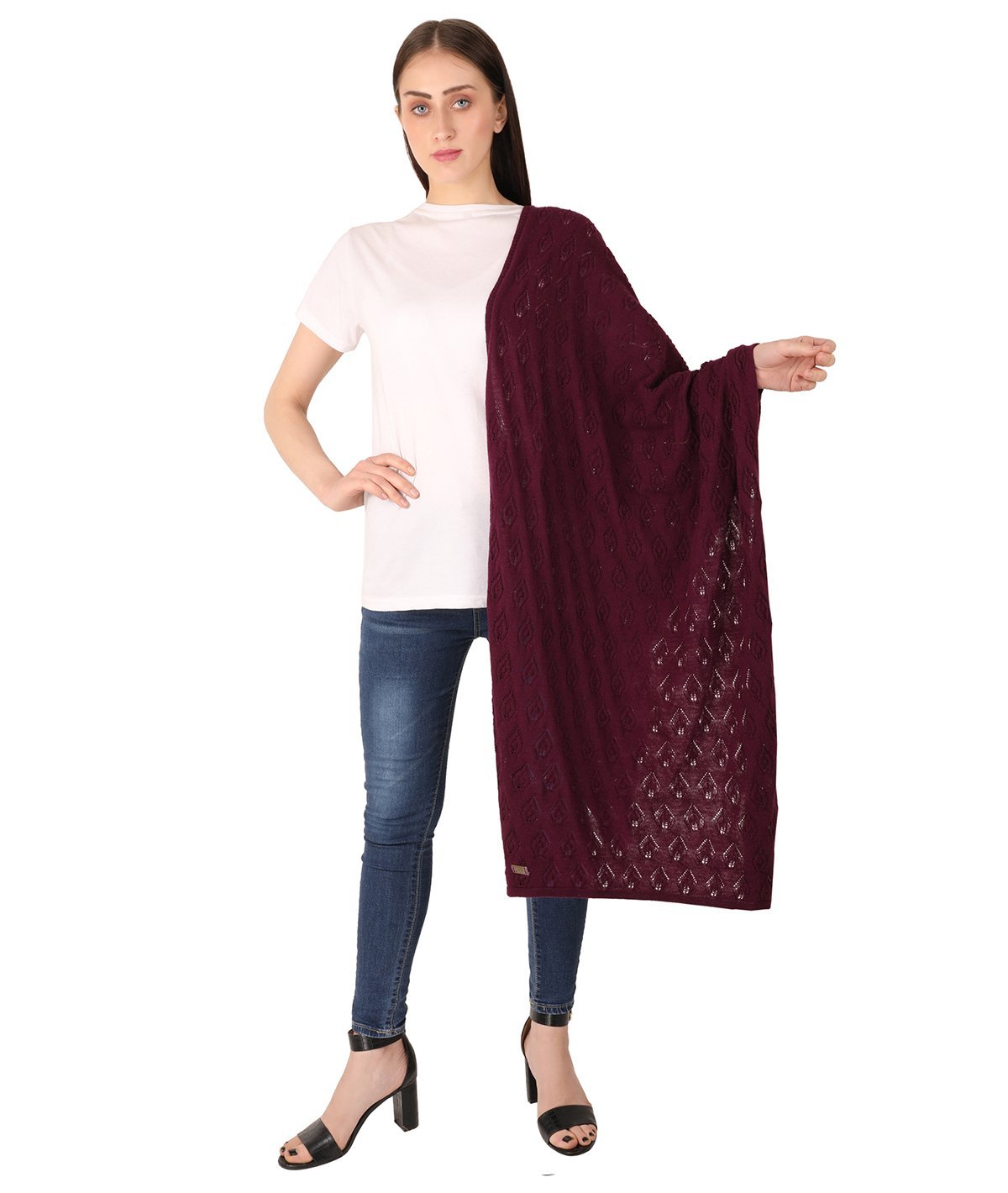 Avery - Aubergine Color Lambswool & Nylon Knitted Shawl Wrap