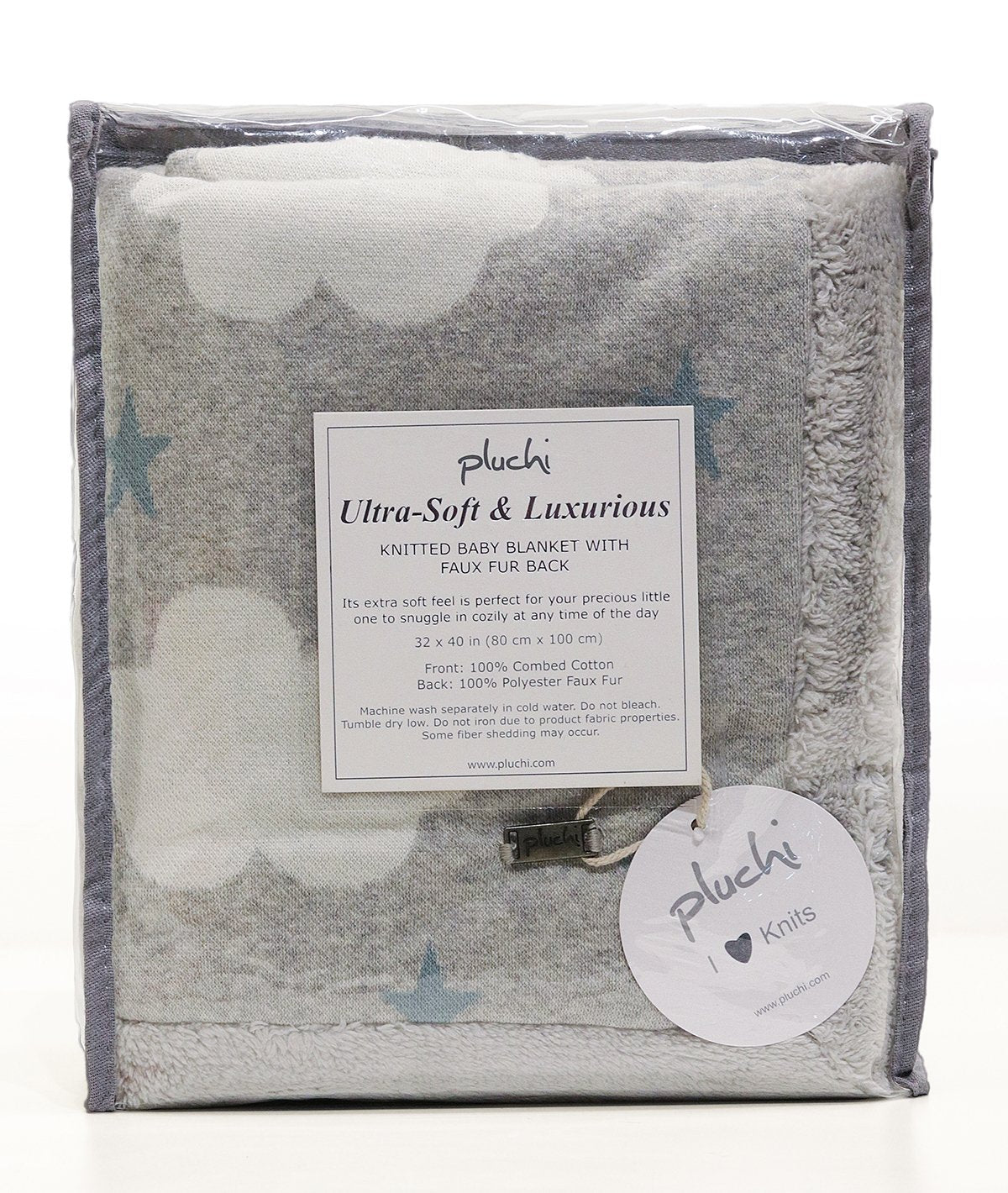 Clouds & Stars - Vanilla Grey Cotton Knitted Blanket with Faux Fur Back for Babies