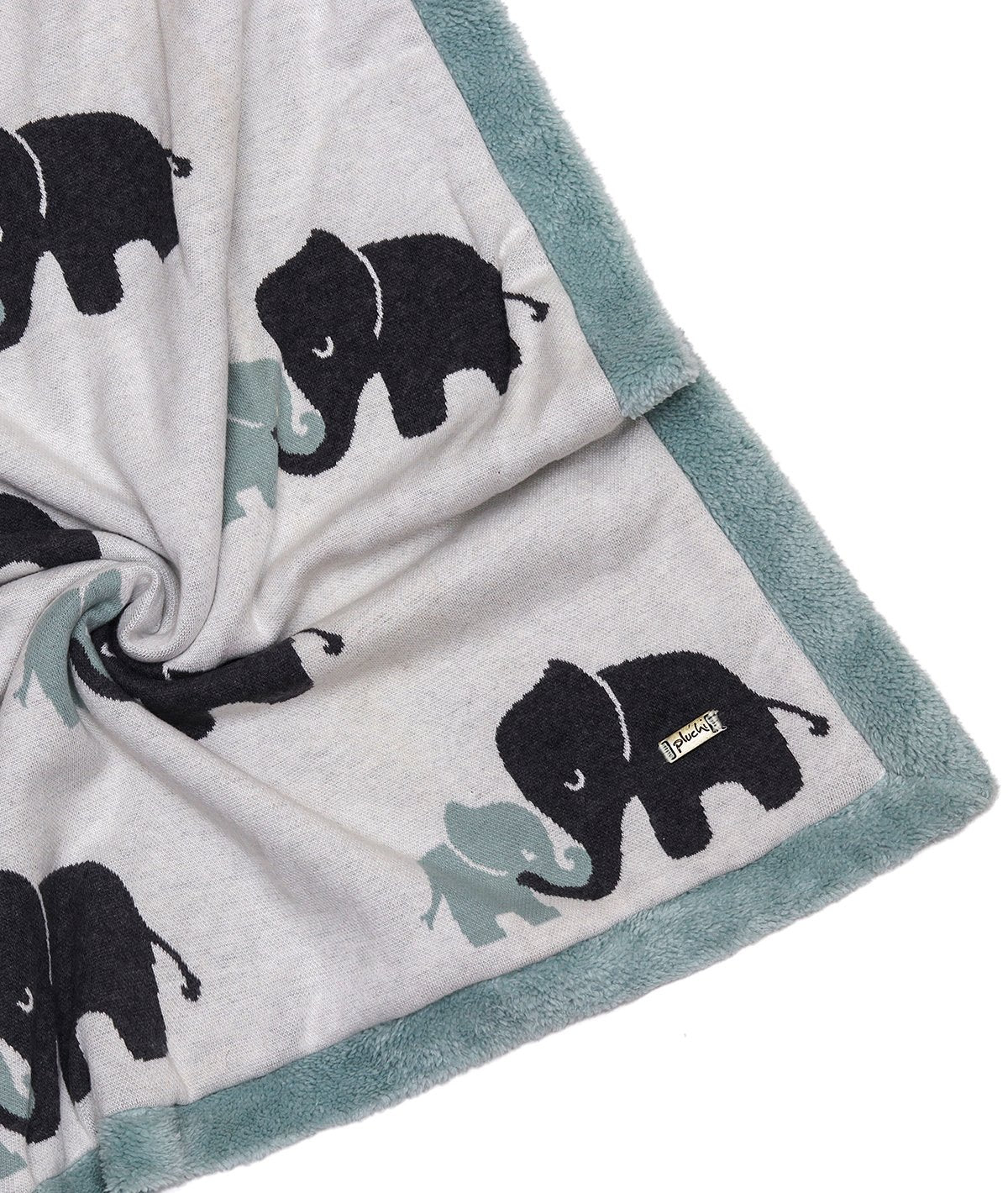 Indian Elephant - Ivory & Indus Blue Color Cotton Knitted Blanket with Faux Fur Back for Babies