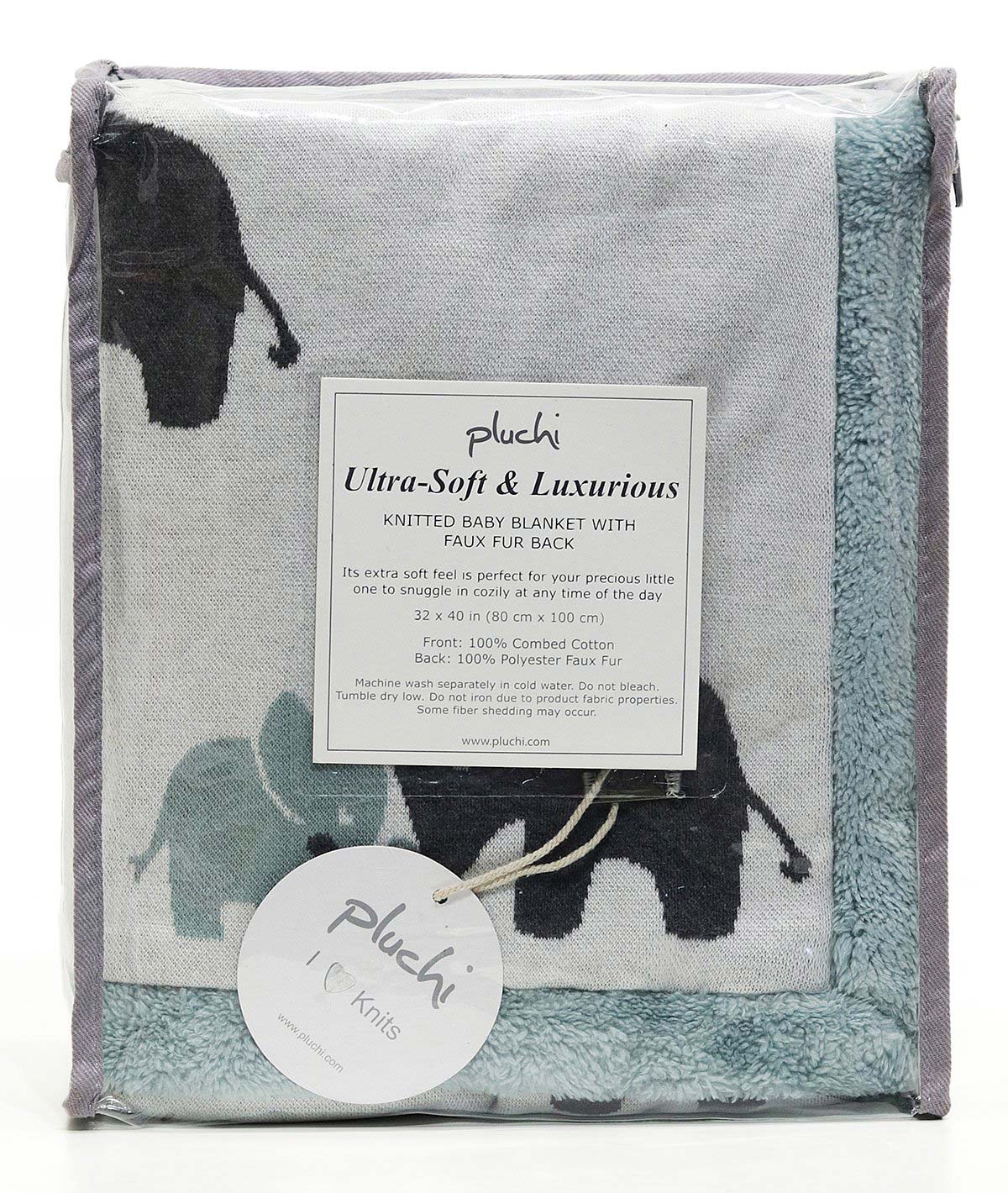 Indian Elephant - Ivory & Indus Blue Color Cotton Knitted Blanket with Faux Fur Back for Babies