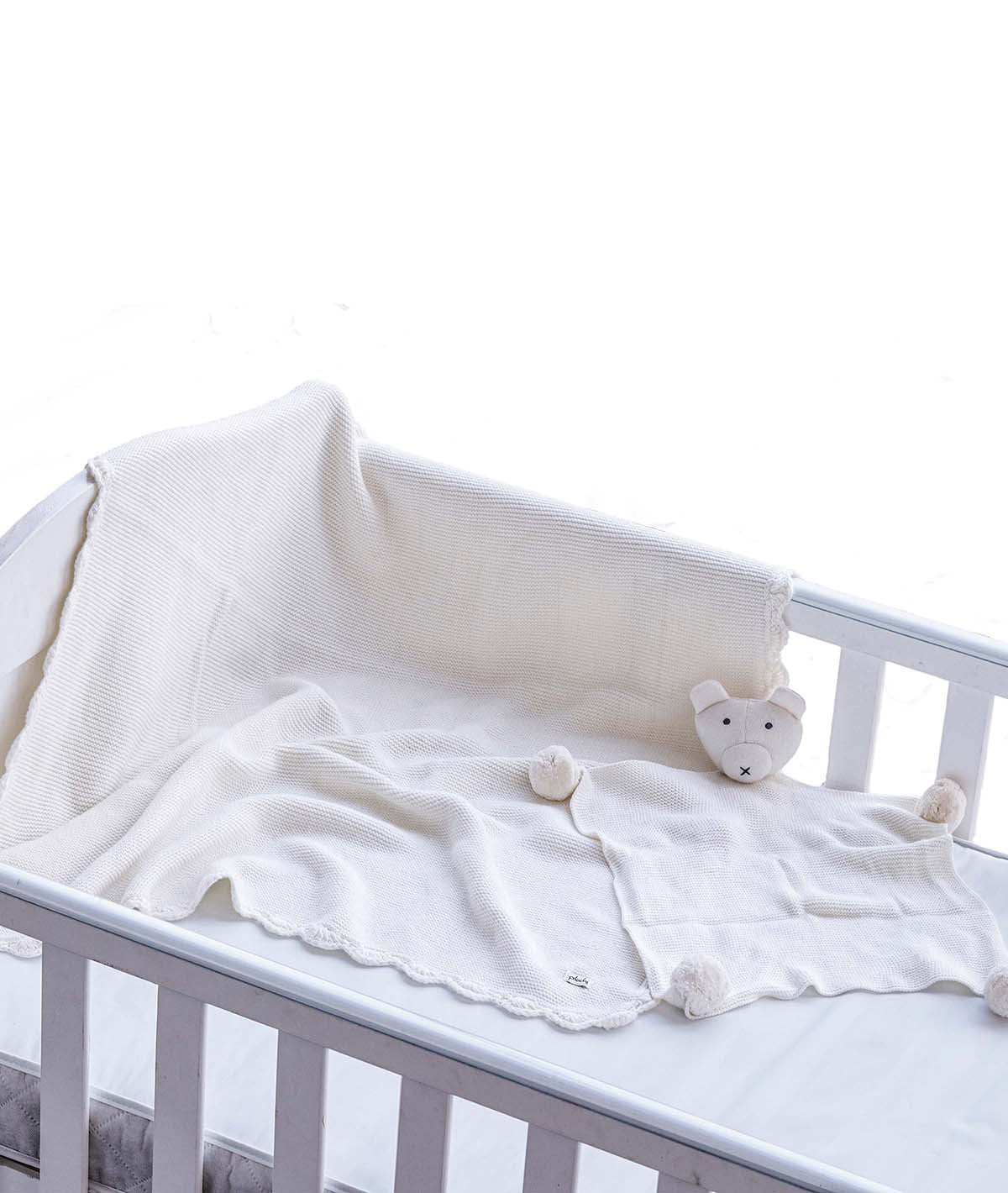 Teddy Bear- Ivory Cotton Knitted All Season AC Blanket with Cuddle Cloth Set for Babies