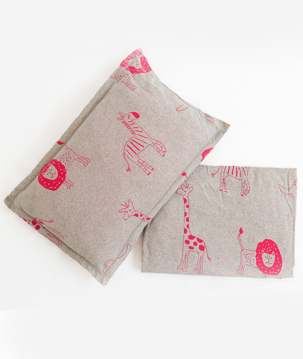 Jungle Safari Vanilla Grey Cotton Knitted Cot Sheet & Pillow Set for Babies