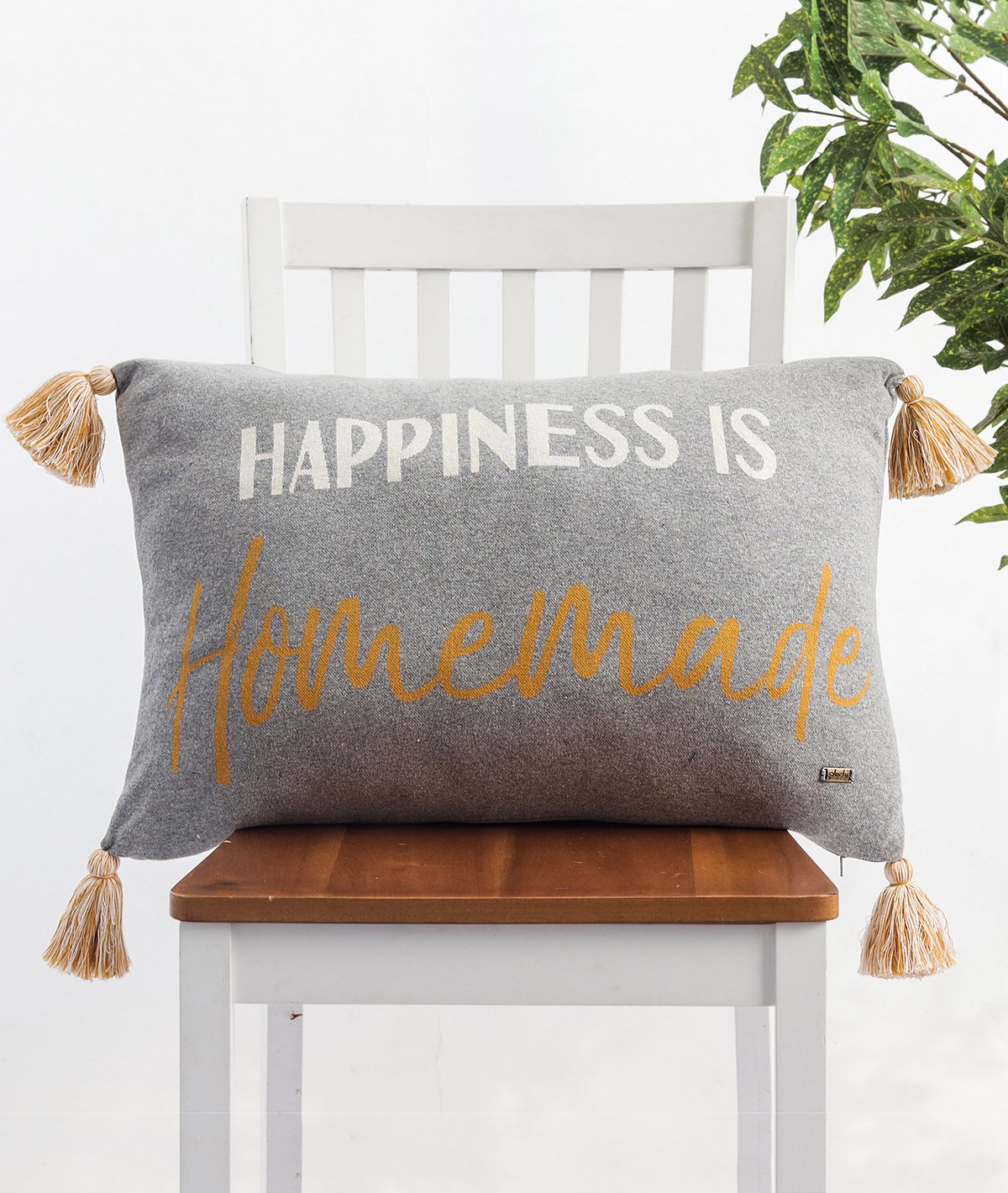 Happiness Is Homemade Cotton Knitted Decorative Light Grey Color 16 x 24 Inches Pillow Covers