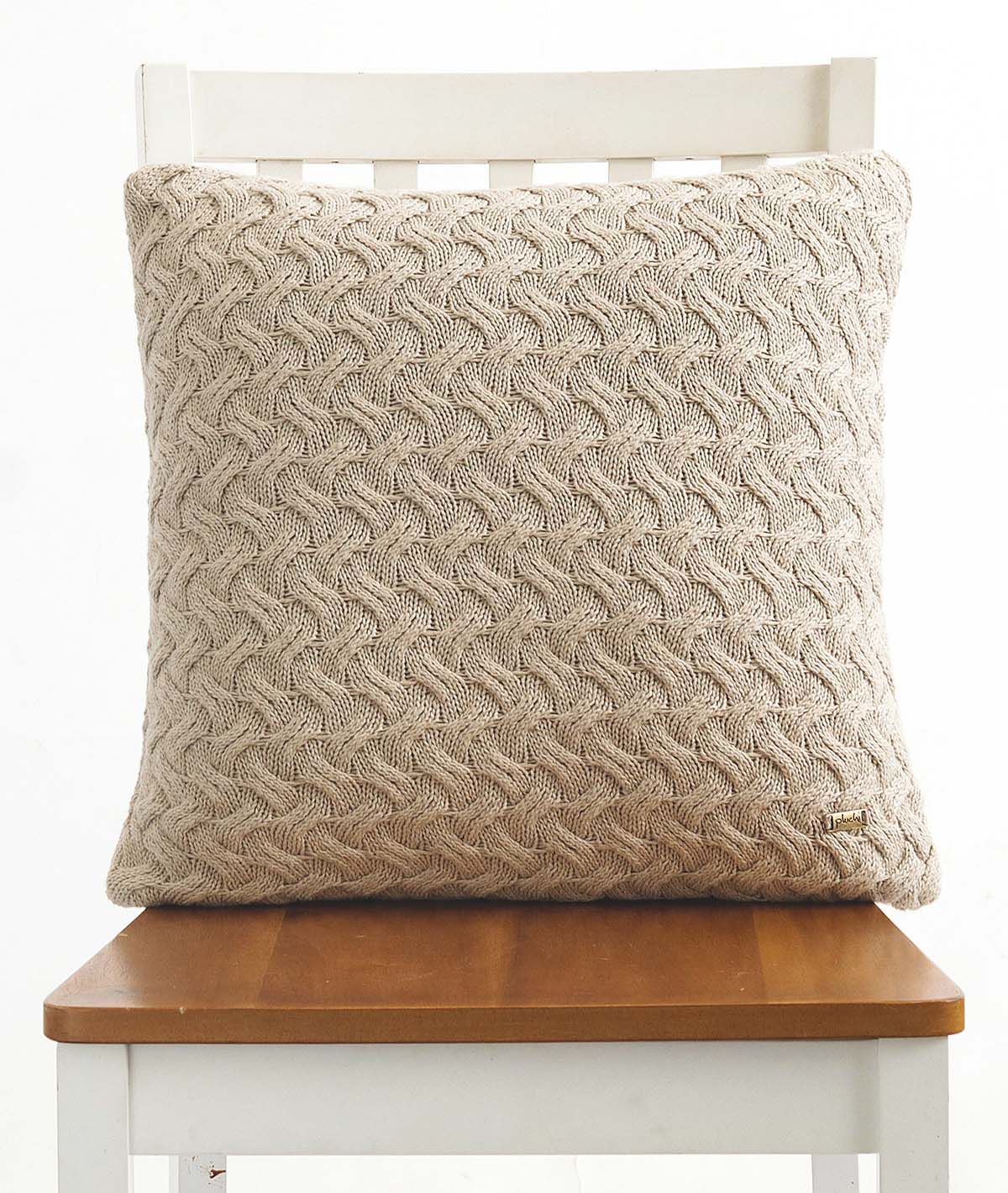 Criss Cross- Light Beige Cotton Knitted Decorative Cushion Cover (18" x 18")