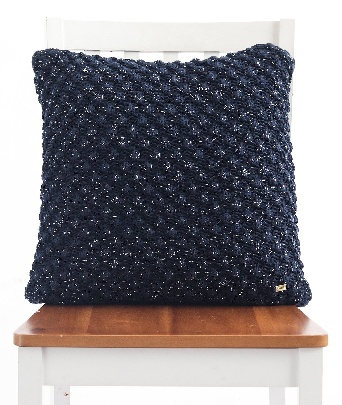 Popcorn Cotton Knitted Decorative Navy Color With Silver Lurex 18 x 18 Inches Cushion Cover
