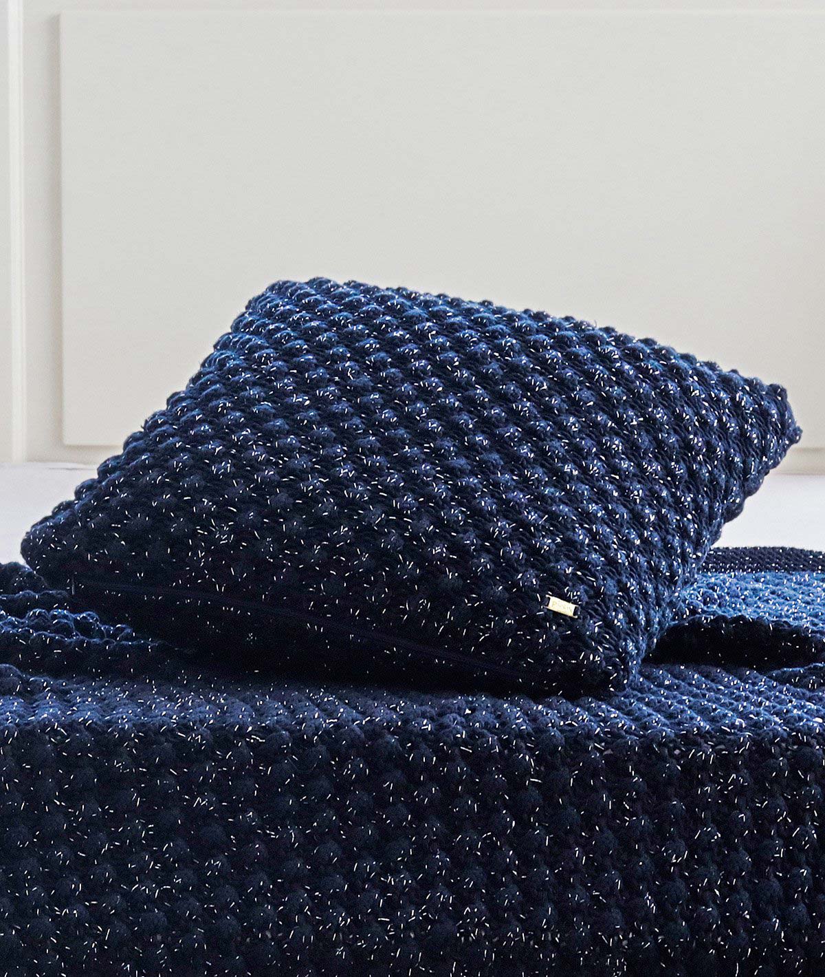 Popcorn Cotton Knitted Decorative Navy Color With Silver Lurex 18 x 18 Inches Cushion Cover