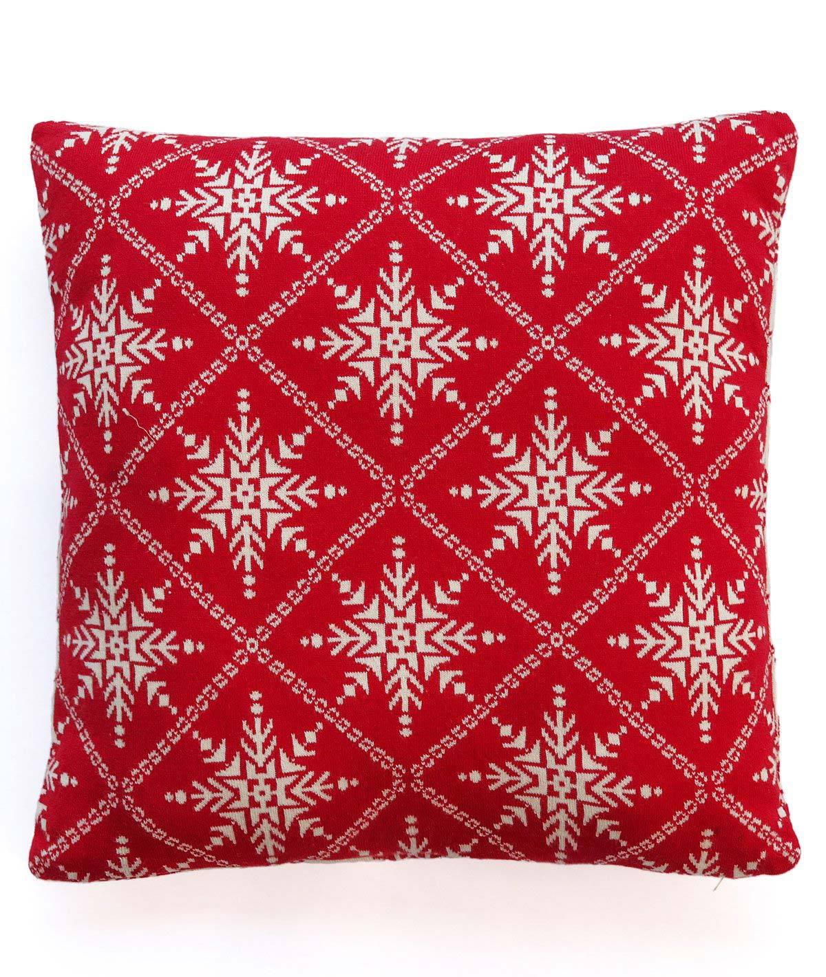 Red Star Cotton Knitted Decorative Natural & Red Color 20 x 20 Inches Cushion Cover