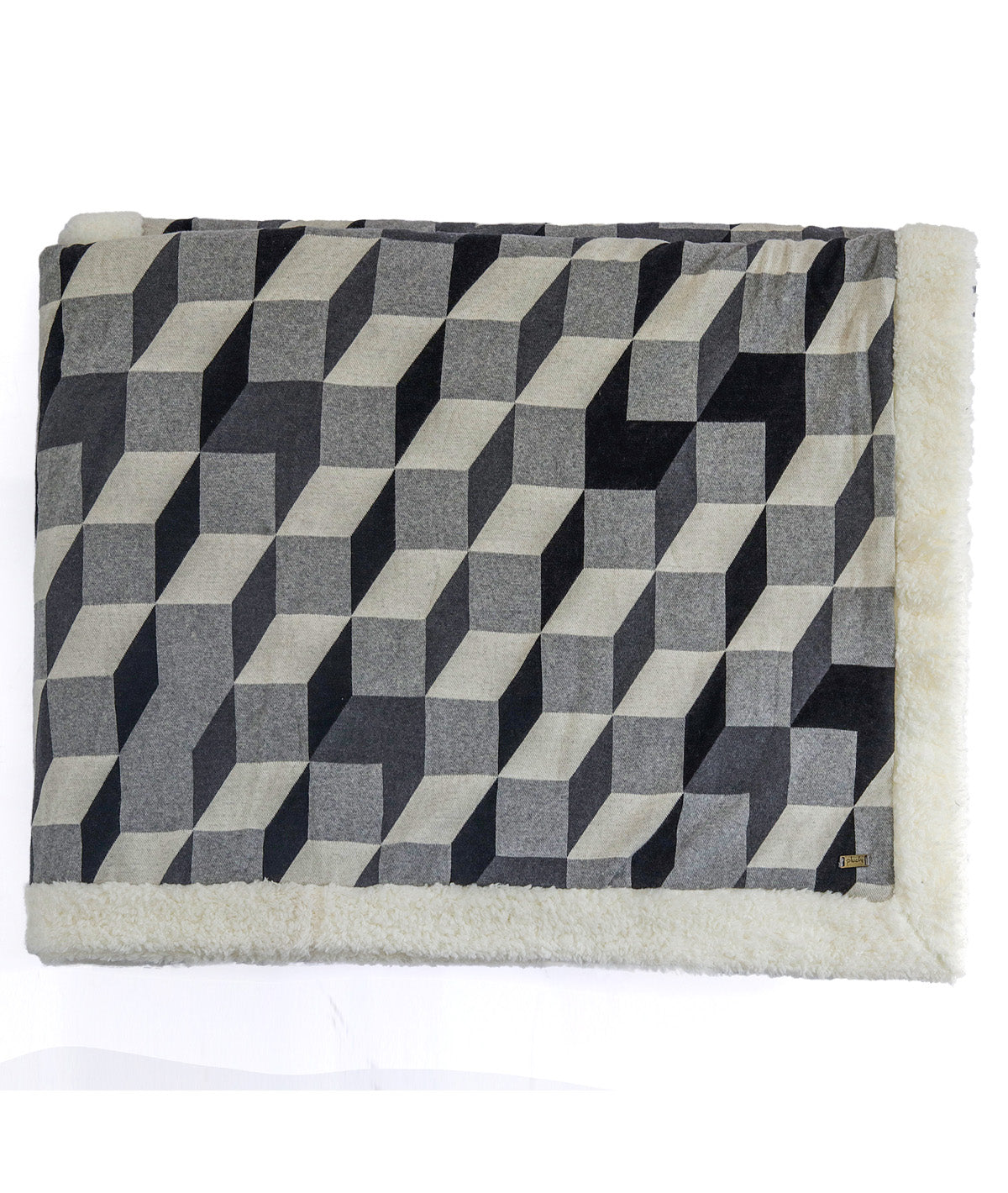 3D Block Double Bed Front Cotton Knitted with Sherpa Back Blanket with Ivory ,Dark Grey, Light. Grey & Black