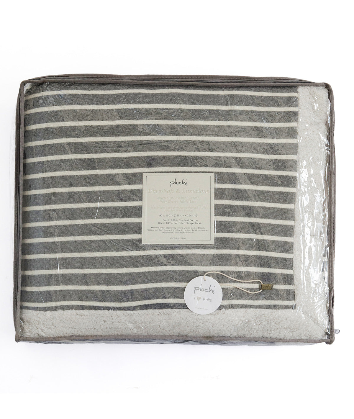 Stripe - Double Bed Front Cotton Knitted with Sherpa Back Blanket with Ivory & Dark Grey