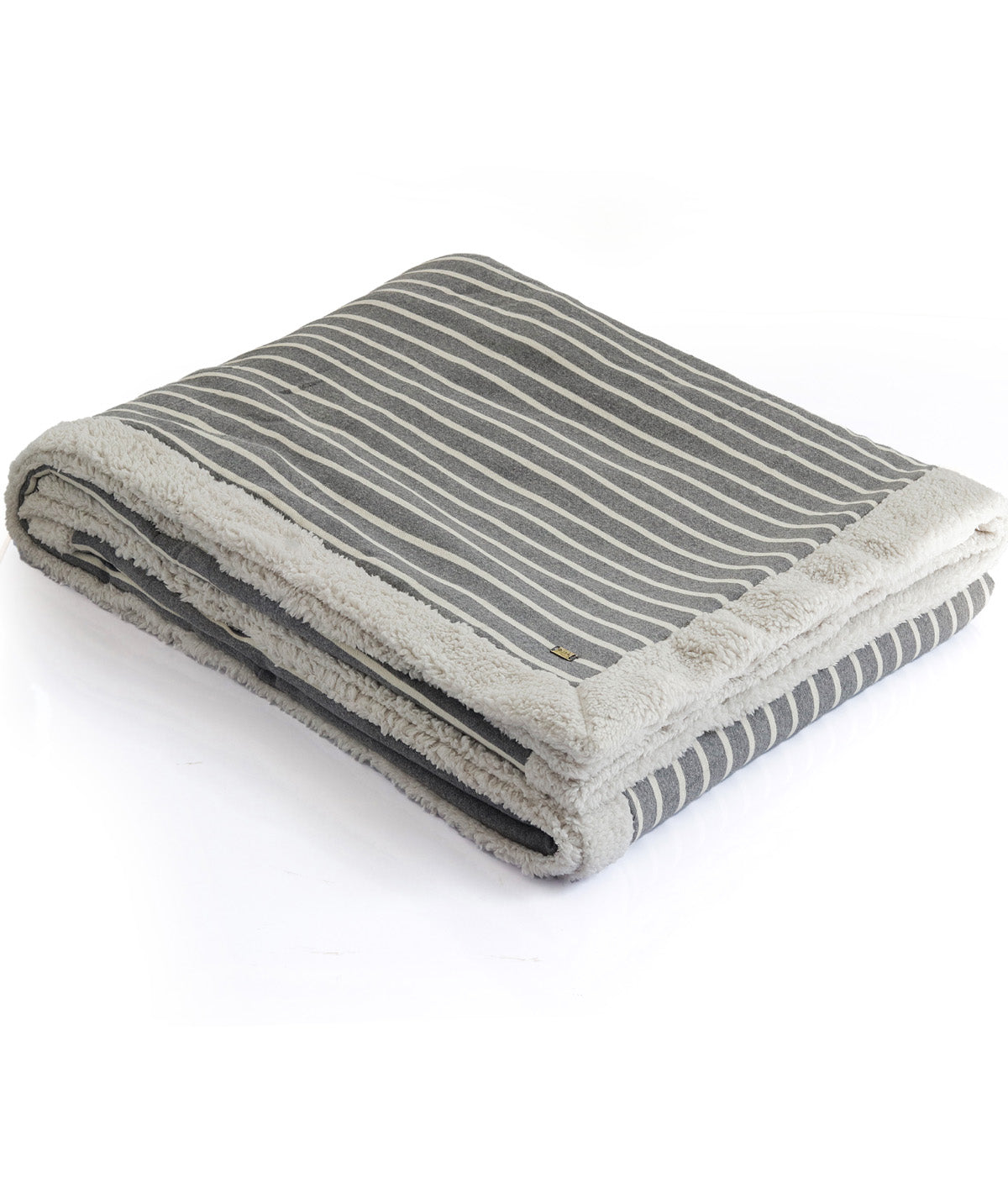 Stripe - Double Bed Front Cotton Knitted with Sherpa Back Blanket with Ivory & Dark Grey