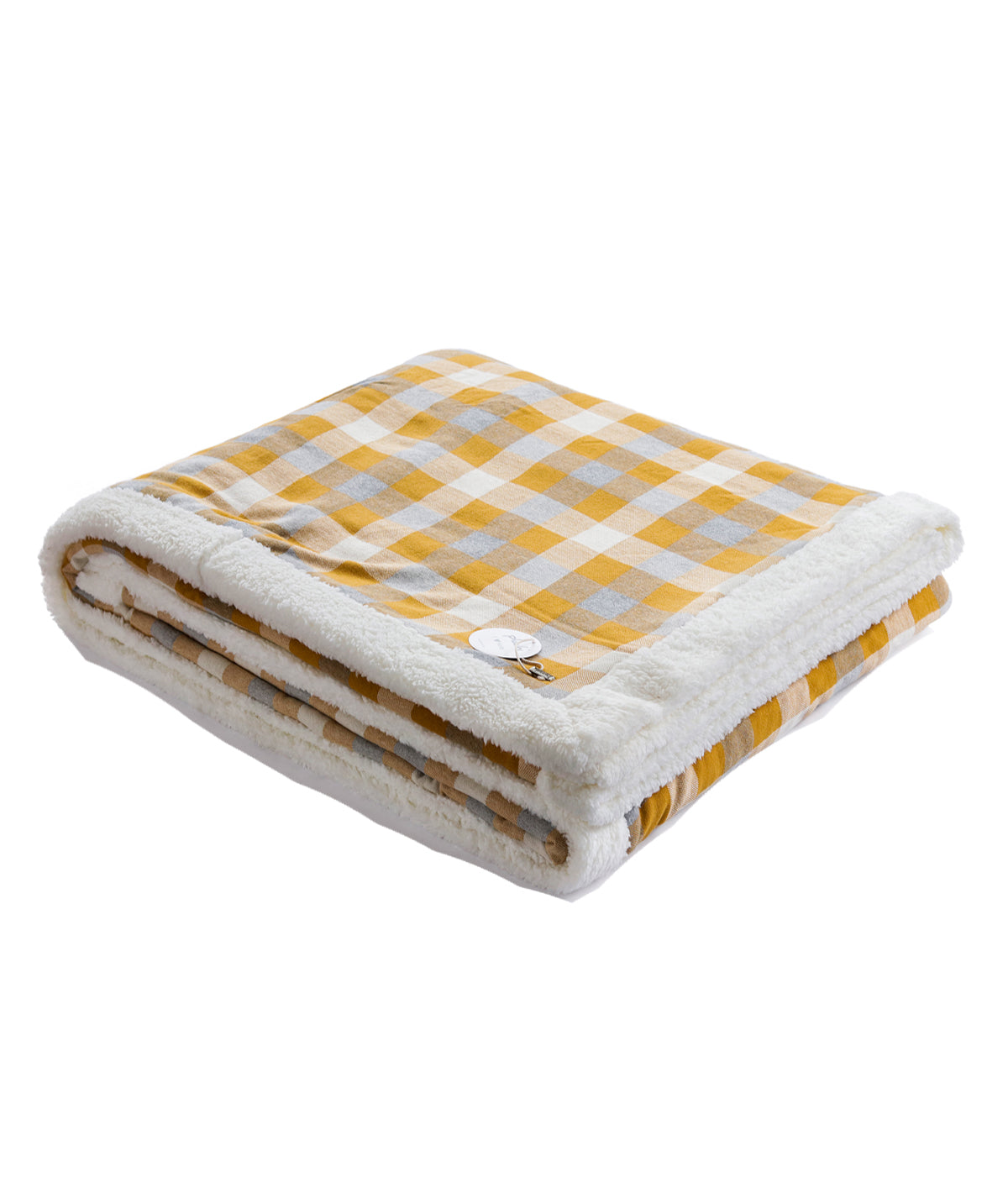 Multichecks Double Bed Warm Blanket with Cotton Knitted Front and Sherpa Fabric Back (Mustard & Natural)