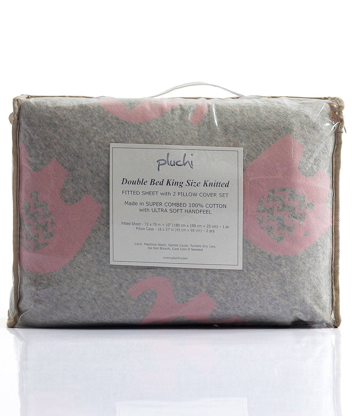 Elephant - Vanilla Grey Cotton Knitted King Size Double Bed Fitted Sheet with 2 Pillow Covers Set