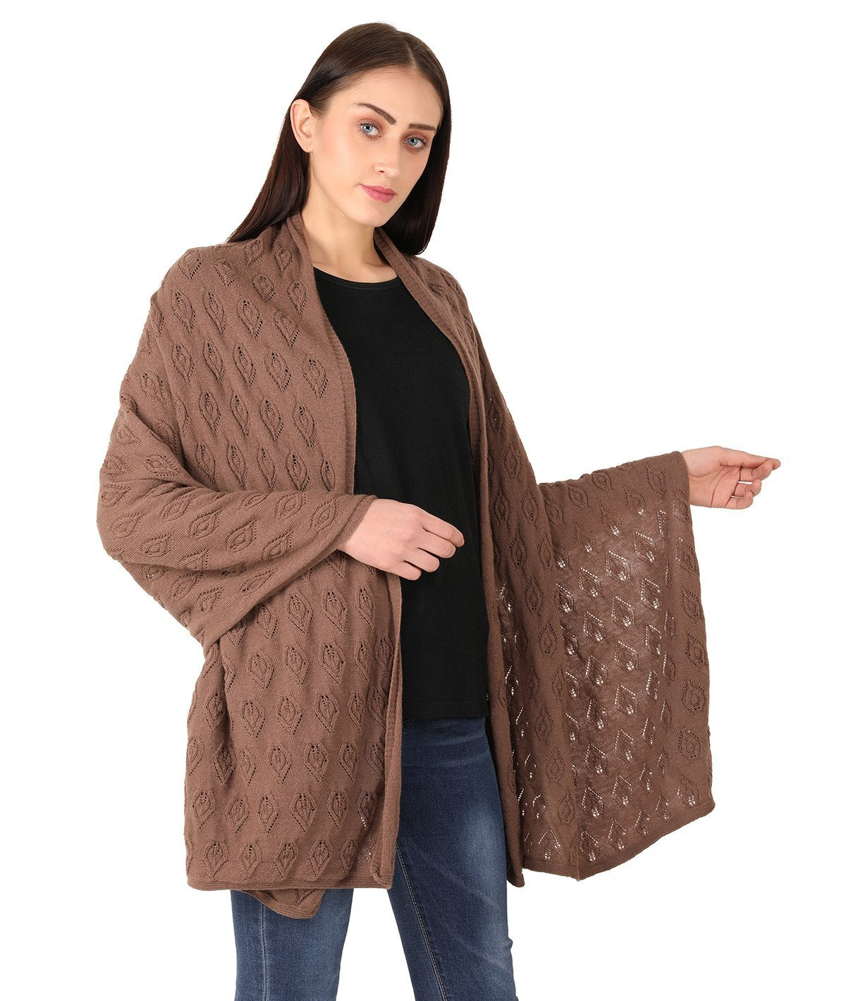 Avery - Coffee Color Lambswool & Nylon Knitted Shawl Wrap