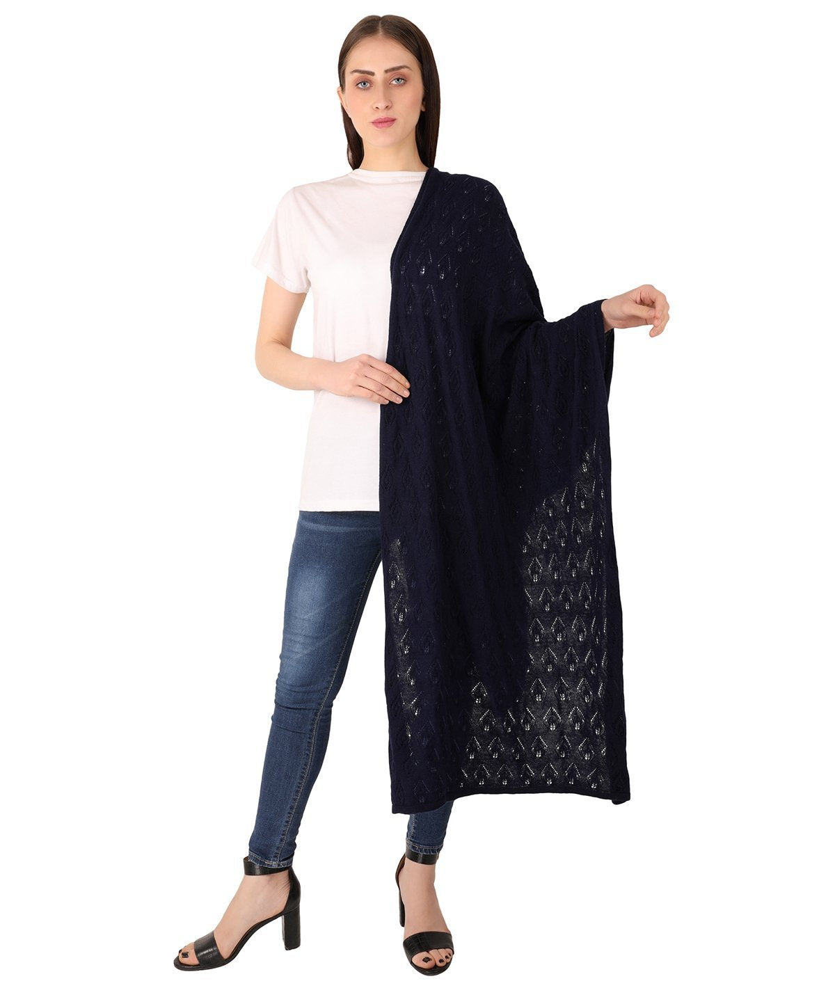 Avery - Navy Color Lambswool & Nylon Knitted Shawl Wrap