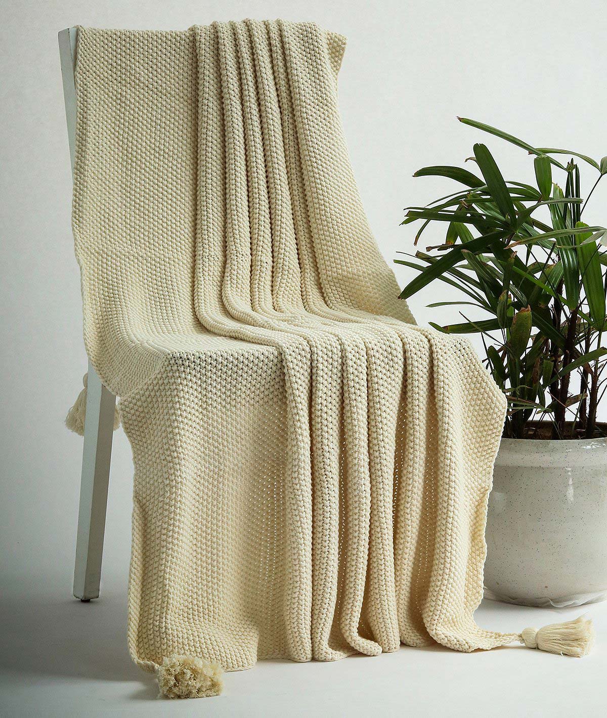 Chunky Seed Stitch - Natural Color 100% Cotton Knitted All Season AC Throw Blanket