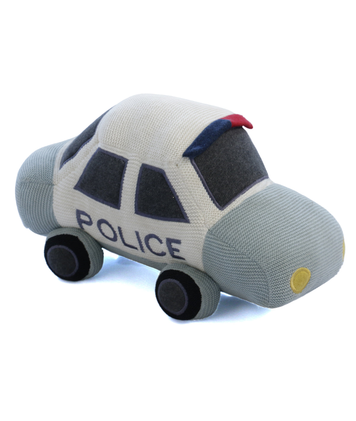 Police Car - Light Blue , Black and Natural 100% Cotton Knitted Stuffed Soft Toy for Babies / Kids